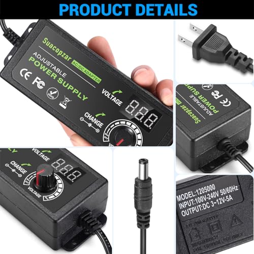 60W Adjustable DC 3V ~ 12V 5A Universal Switching AC/DC Adapter with LED Display for LED Strip Light, 100V-240V AC to DC