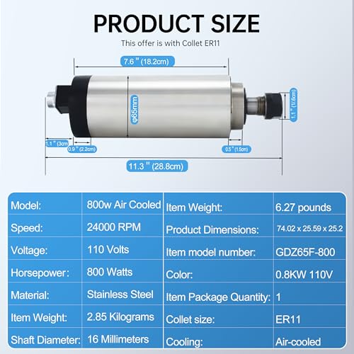 RATTMMOTOR 0.8KW Spindle Milling Motor Kit for CNC Router
| Air Cooled Spindle Motor 24000RPM 65mm ER11 CNC Milling Mac