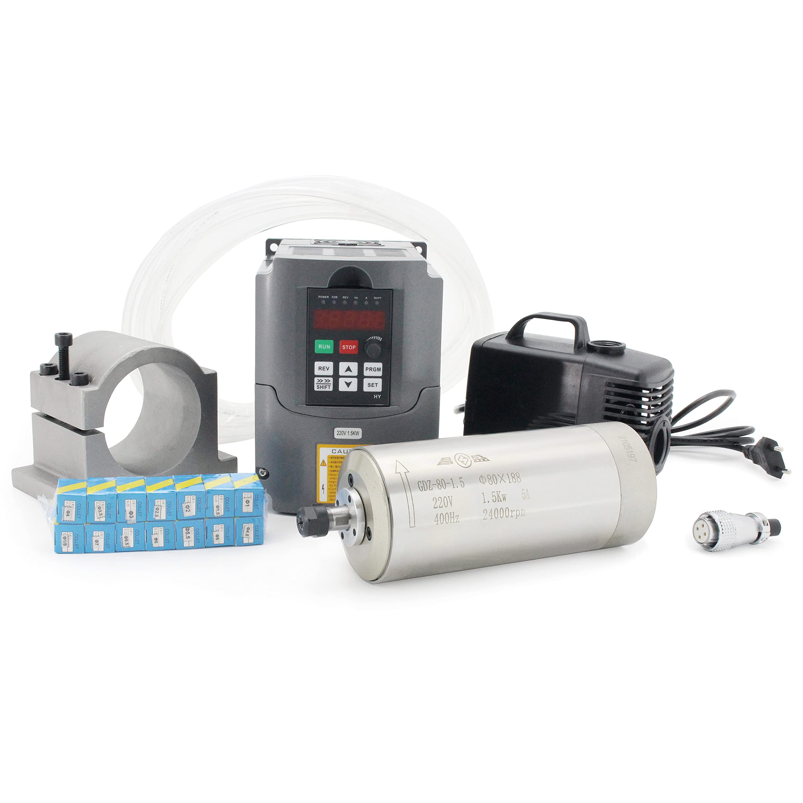 RATTMMOTOR 1.5KW CNC Spindle Motor Kit for CNC Machine Water-Cooled ER11 Spindle Motor+VFD Drive 80mm Spindle Motor Brac