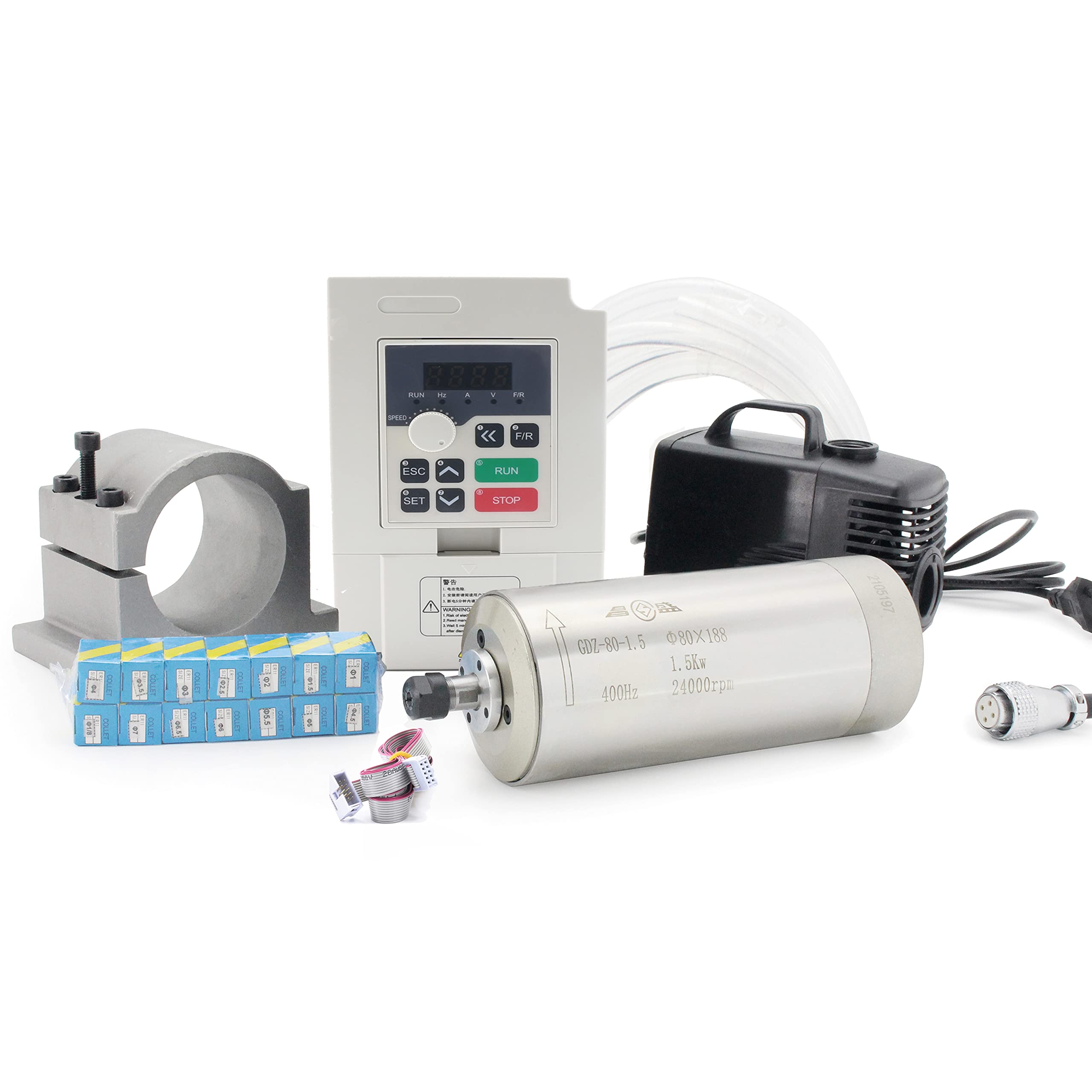 RATTMMOTOR 1.5KW Water Cooled Spindle Kit for CNC Machine 80mm Spindle Motor +1500W VFD Variable Frequency Drive+80mm Sp